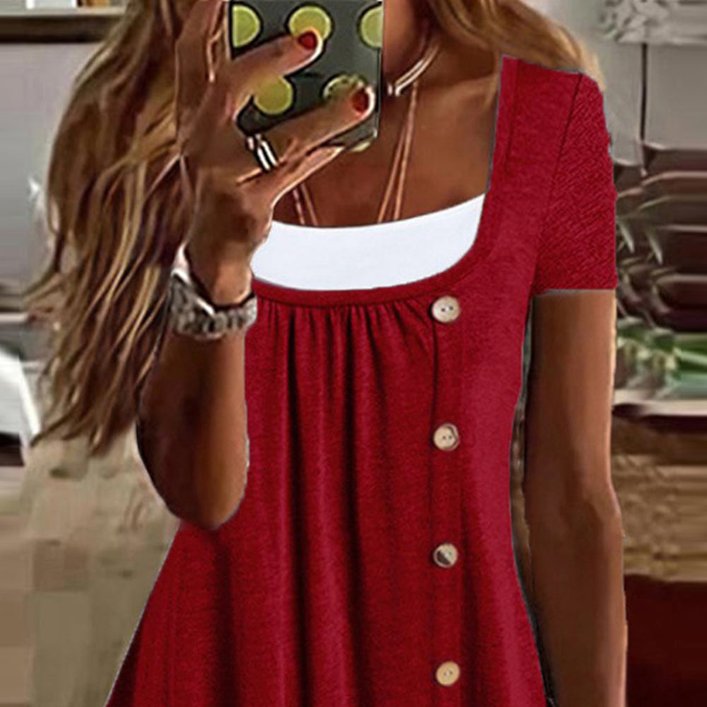 Womens Button Front Ruffle Tunic Top Short Sleeve Casual Loose Fit Summer T Shirt Blouse