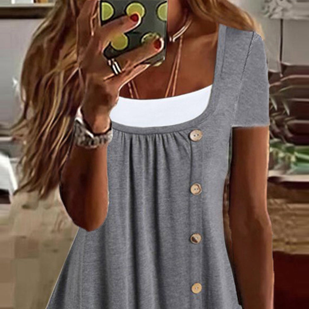 Womens Button Front Ruffle Tunic Top Short Sleeve Casual Loose Fit Summer T Shirt Blouse