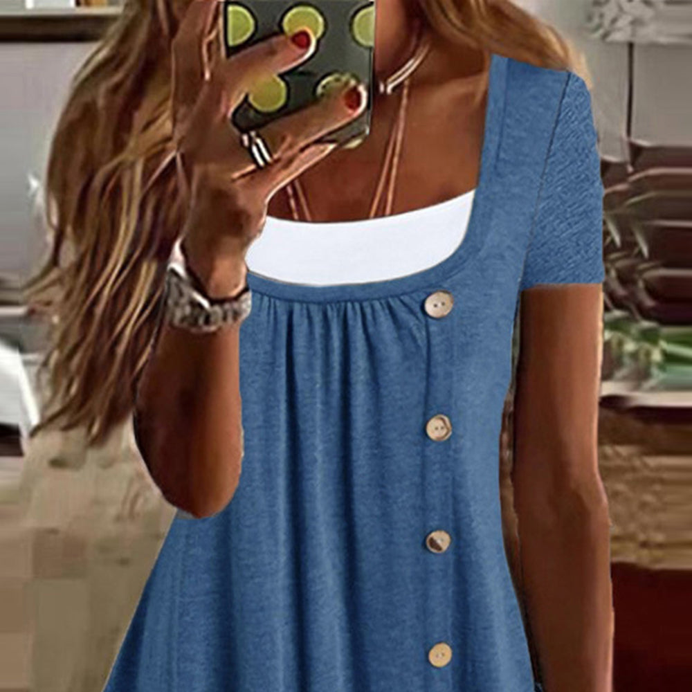 Womens Button Front Ruffle Tunic Top Short Sleeve Casual Loose Fit Summer T Shirt Blouse