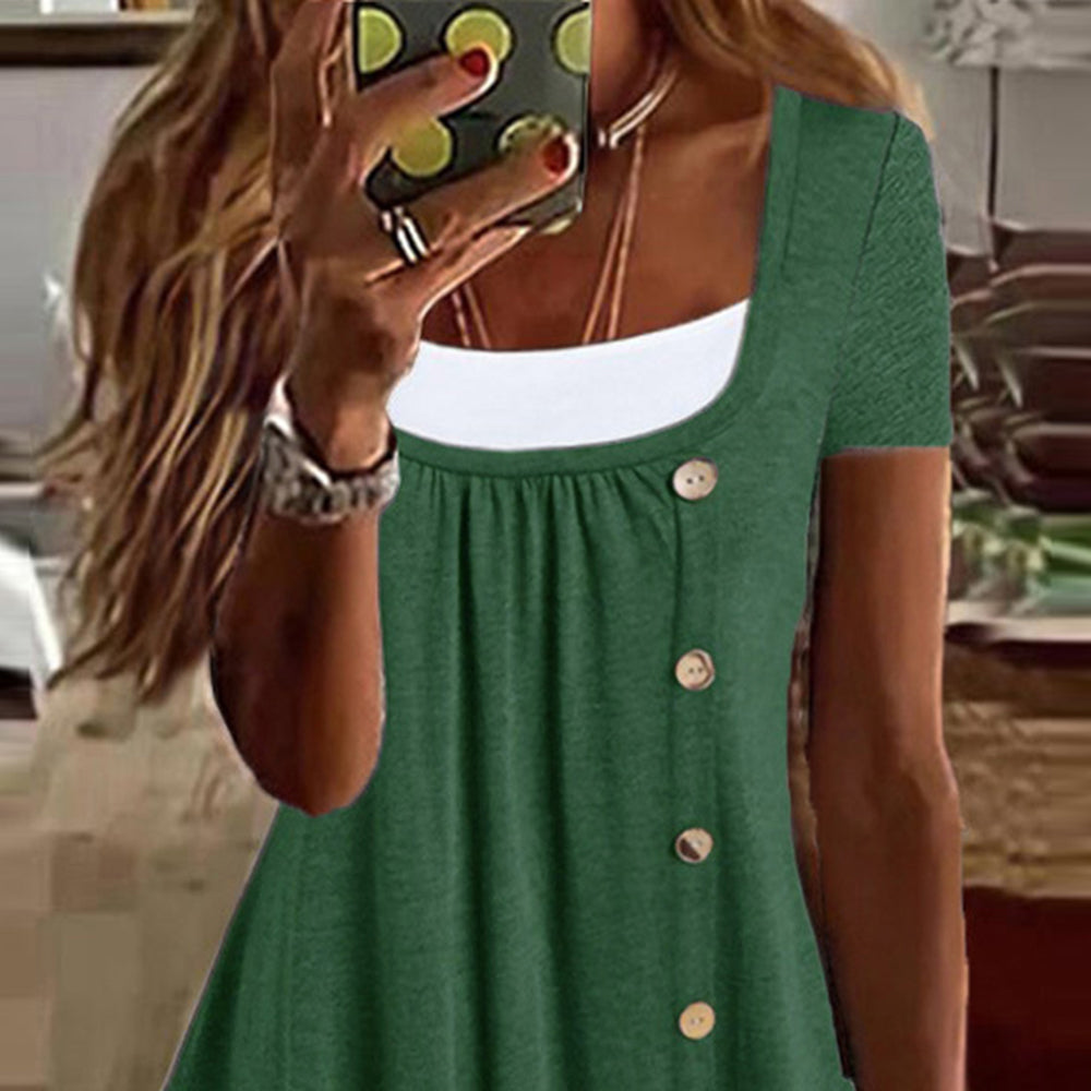 Womens Button Front Ruffle Tunic Top Short Sleeve Casual Loose Fit Summer T Shirt Blouse