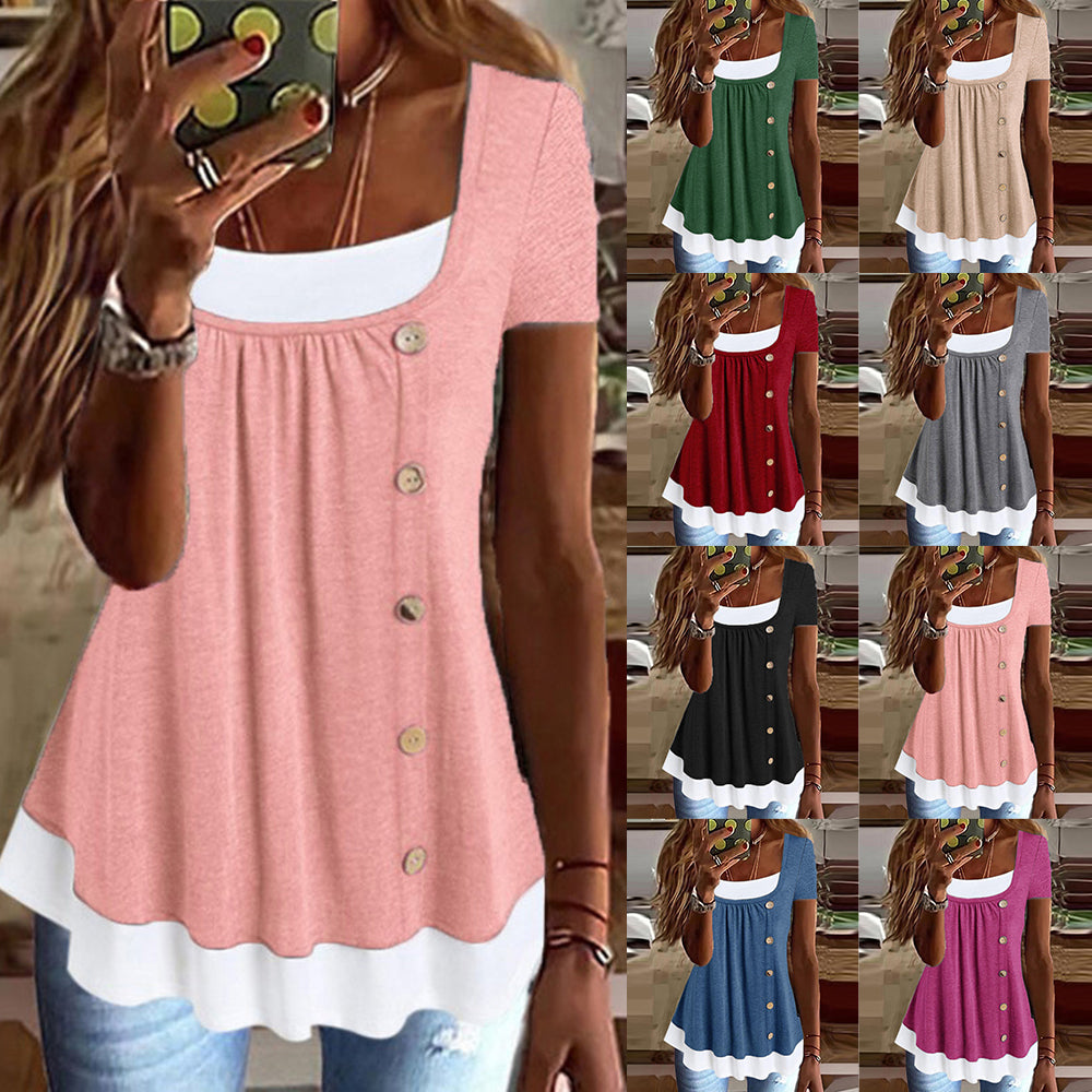 Womens Button Front Ruffle Tunic Top Short Sleeve Casual Loose Fit Summer T Shirt Blouse