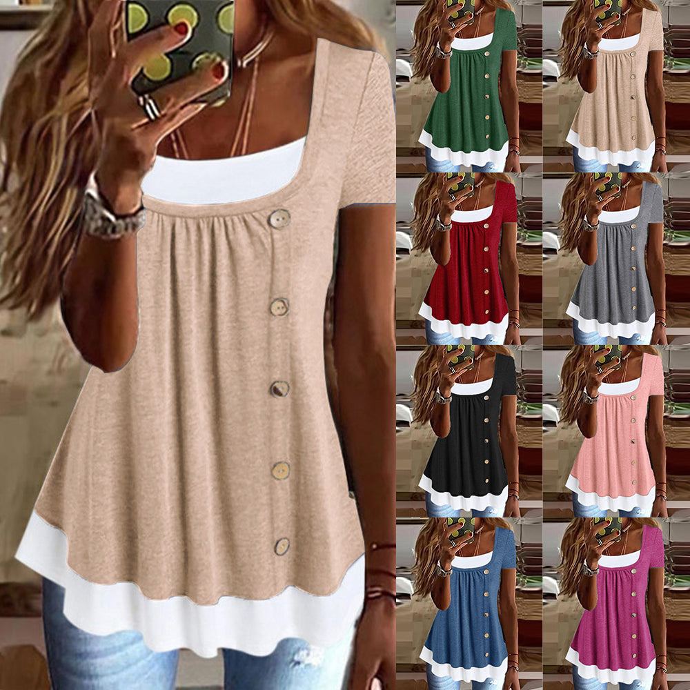 Womens Button Front Ruffle Tunic Top Short Sleeve Casual Loose Fit Summer T Shirt Blouse