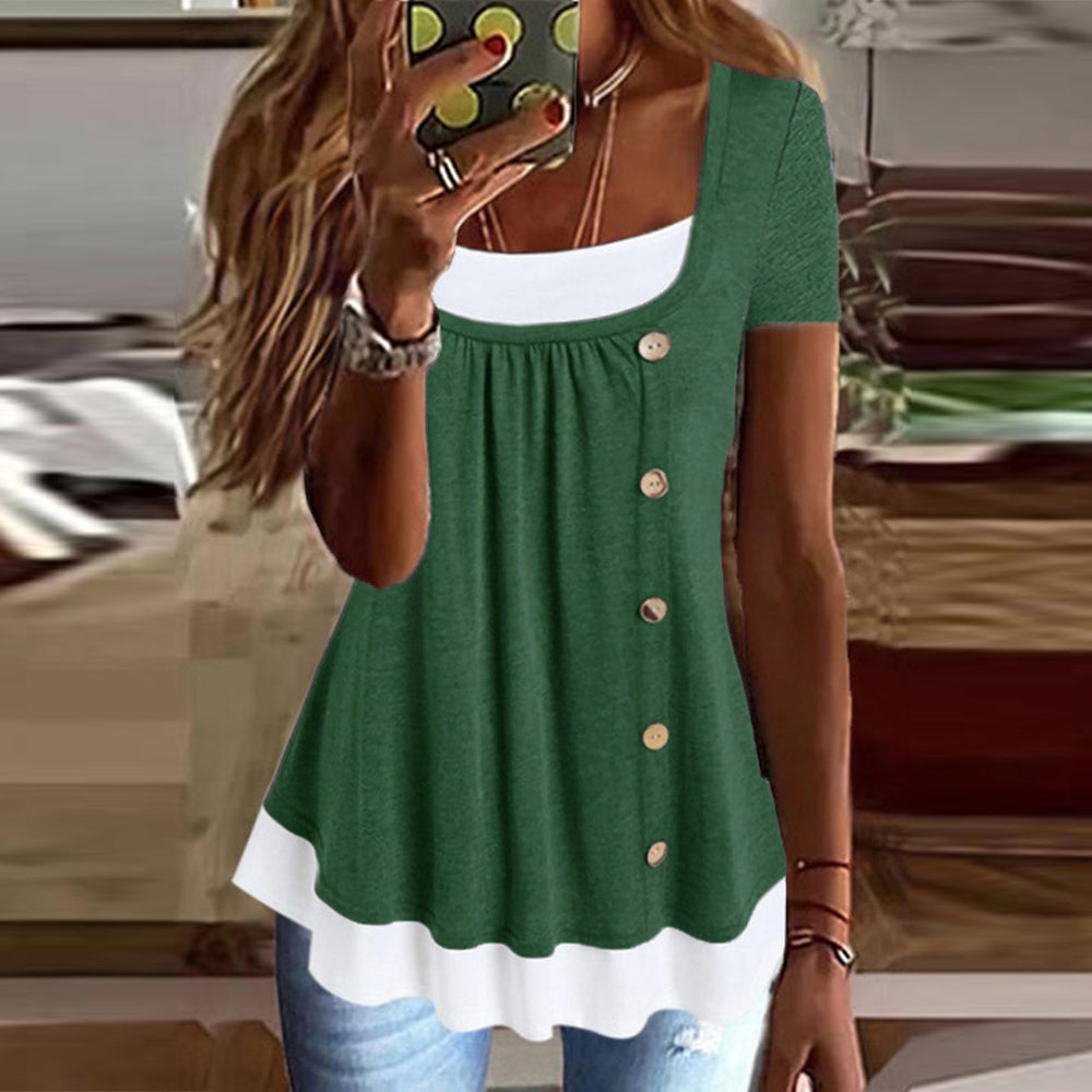 Womens Button Front Ruffle Tunic Top Short Sleeve Casual Loose Fit Summer T Shirt Blouse