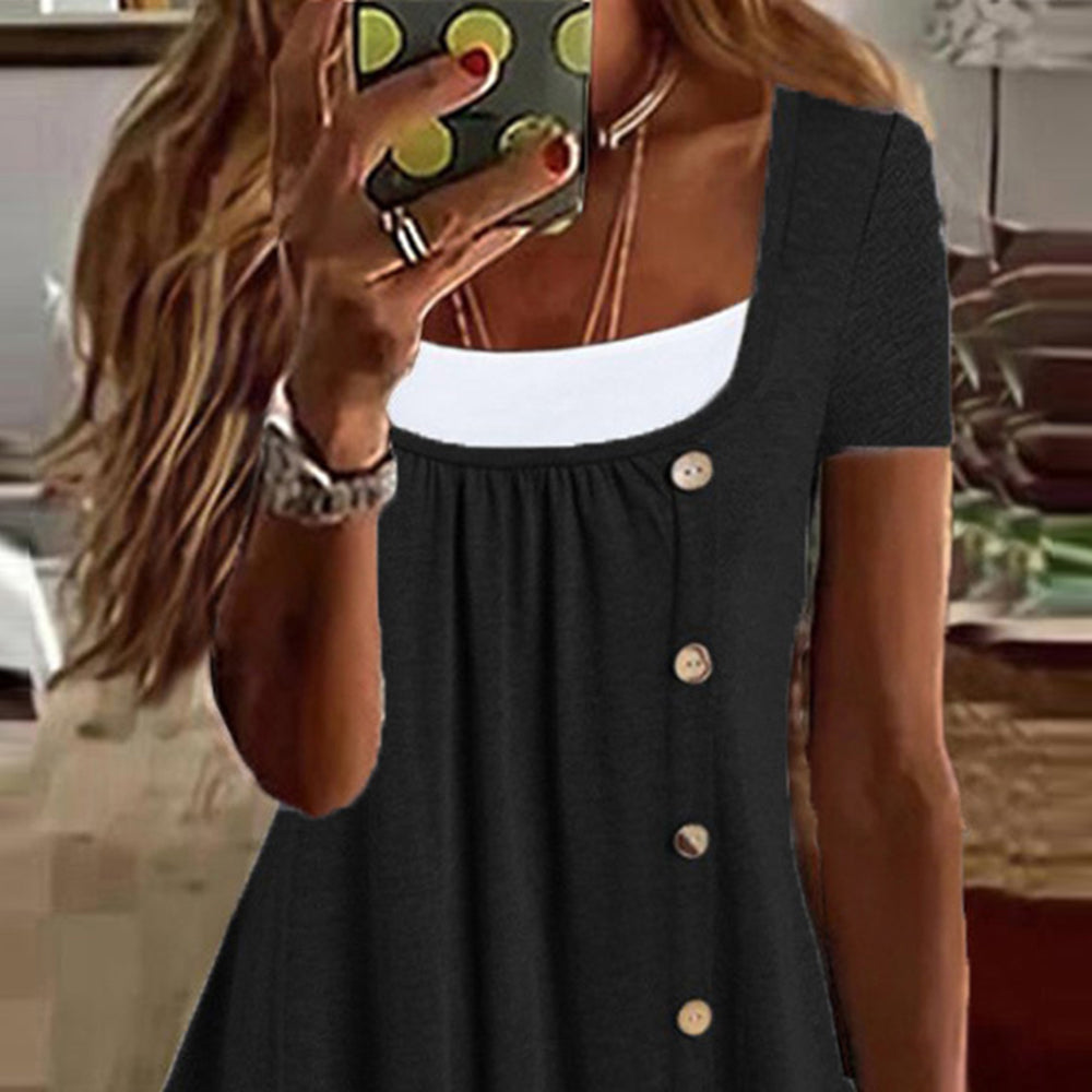 Womens Button Front Ruffle Tunic Top Short Sleeve Casual Loose Fit Summer T Shirt Blouse