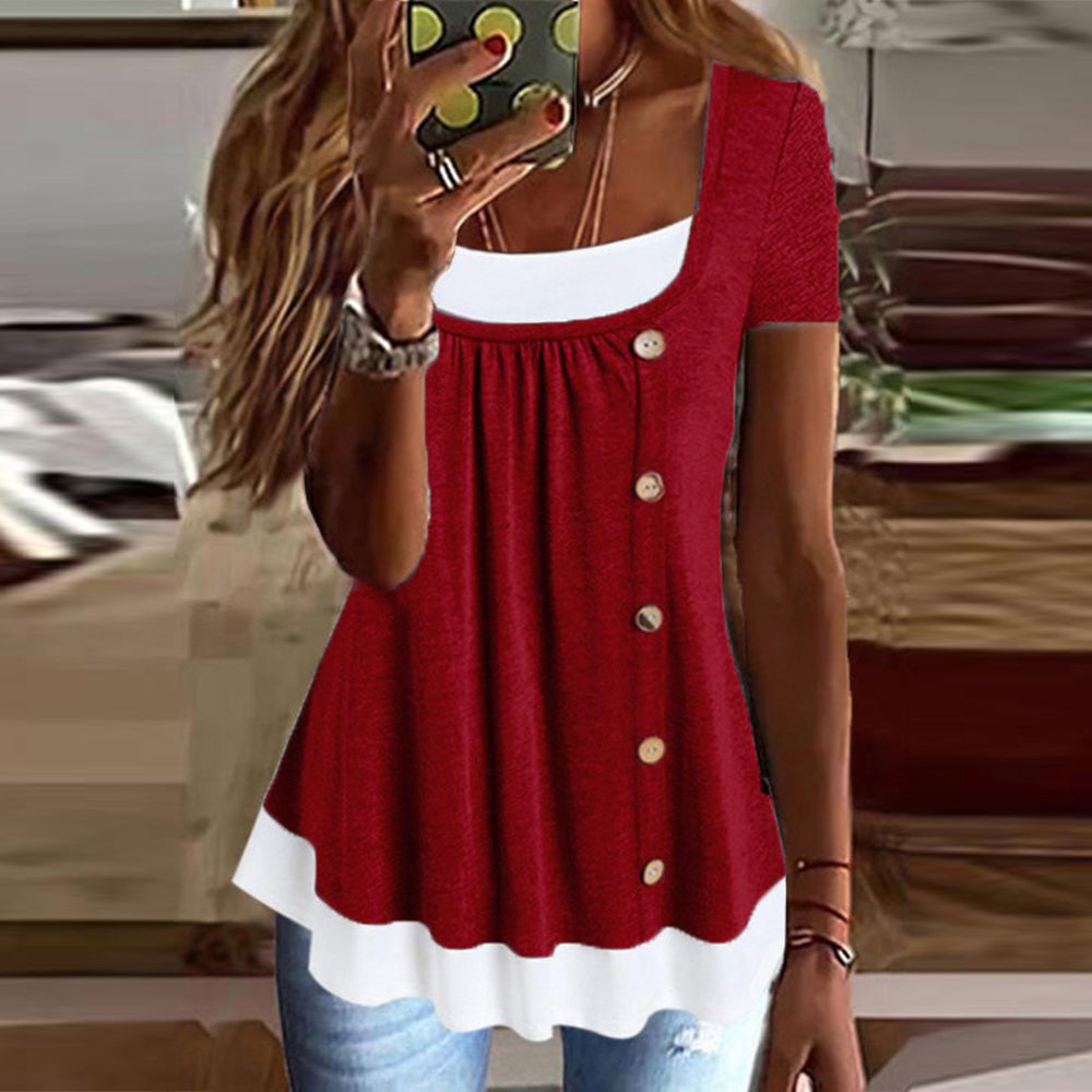 Womens Button Front Ruffle Tunic Top Short Sleeve Casual Loose Fit Summer T Shirt Blouse