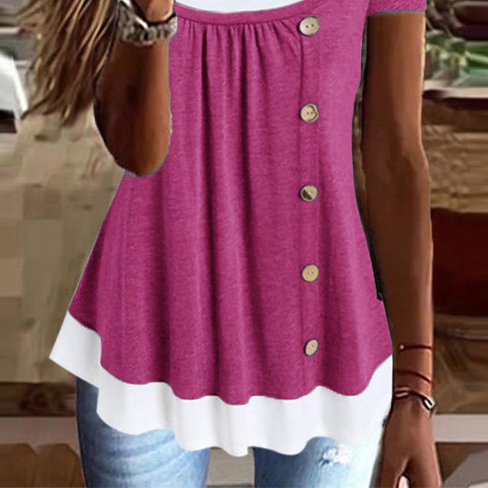 Womens Button Front Ruffle Tunic Top Short Sleeve Casual Loose Fit Summer T Shirt Blouse