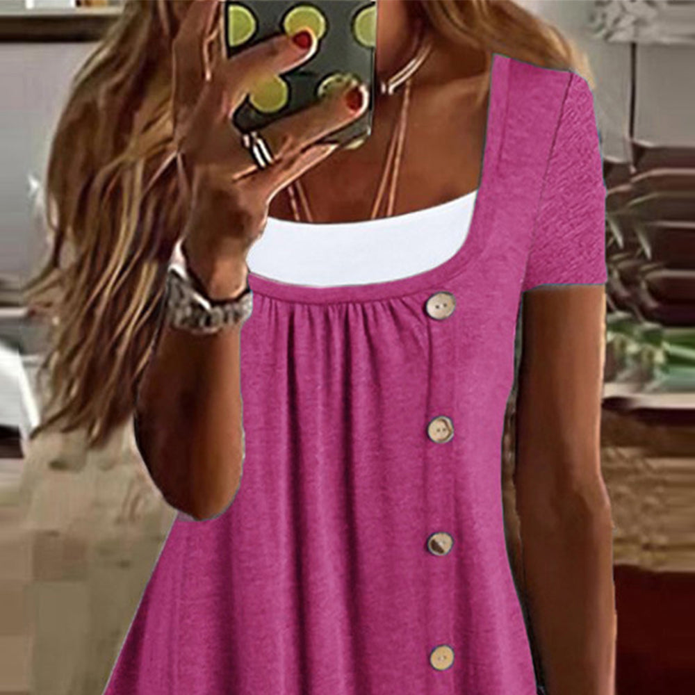 Womens Button Front Ruffle Tunic Top Short Sleeve Casual Loose Fit Summer T Shirt Blouse