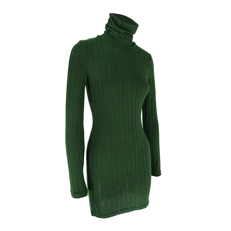 Elegant Autumn Winter Long Sleeve Turtleneck Mini Dress for Women Casual Slim Fit Streetwear Fashion