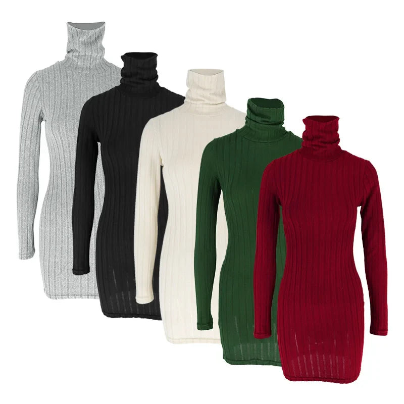 Elegant Autumn Winter Long Sleeve Turtleneck Mini Dress for Women Casual Slim Fit Streetwear Fashion