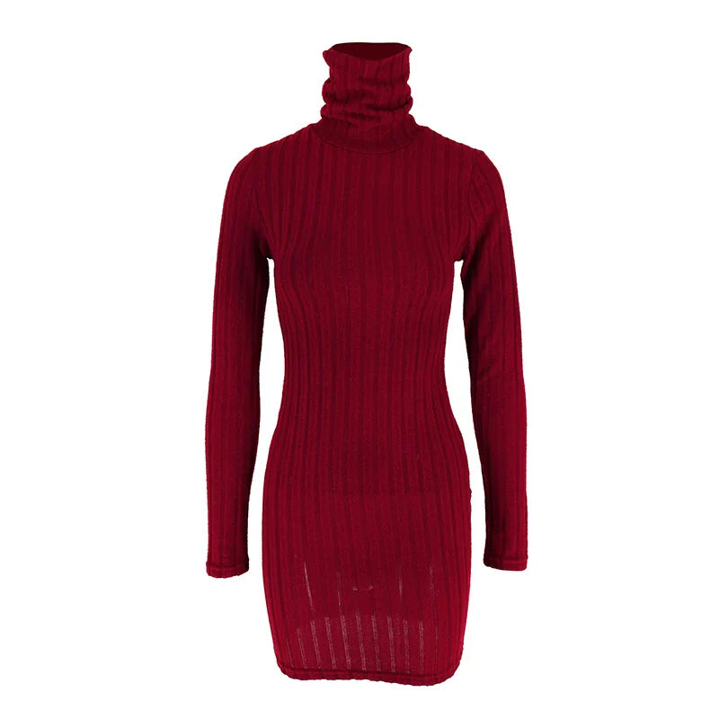 Elegant Autumn Winter Long Sleeve Turtleneck Mini Dress for Women Casual Slim Fit Streetwear Fashion