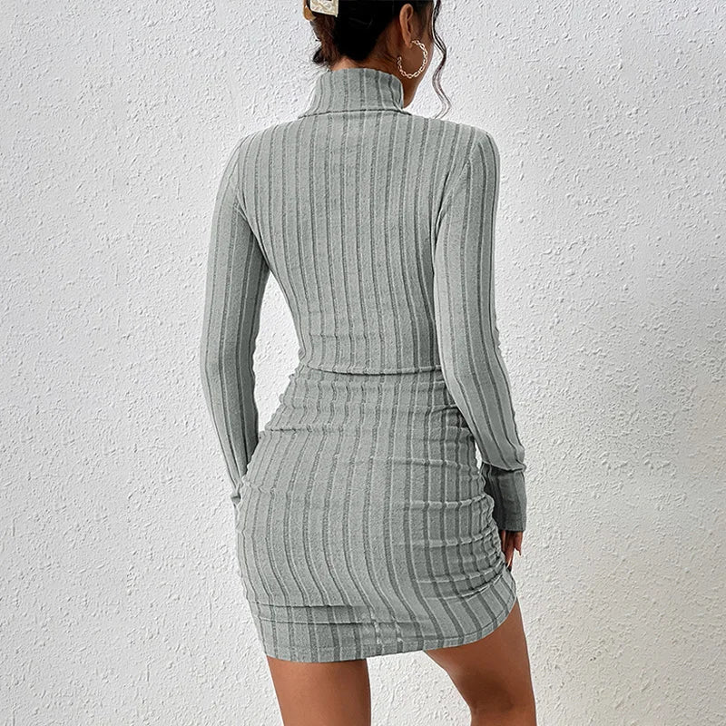 Elegant Autumn Winter Long Sleeve Turtleneck Mini Dress for Women Casual Slim Fit Streetwear Fashion