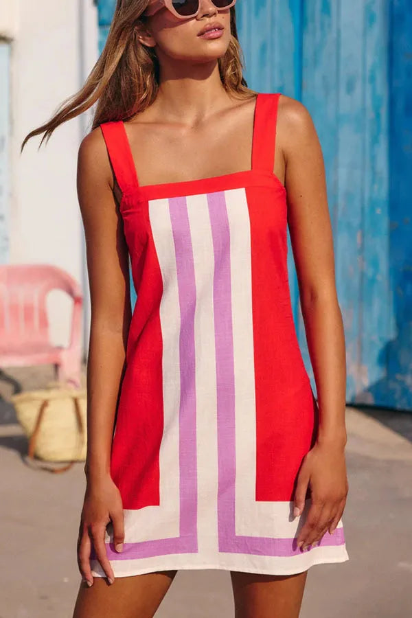 Elegant Color Blocked Sleeveless Suspender Dress with Casual Mid Length Mini Skirt for Women