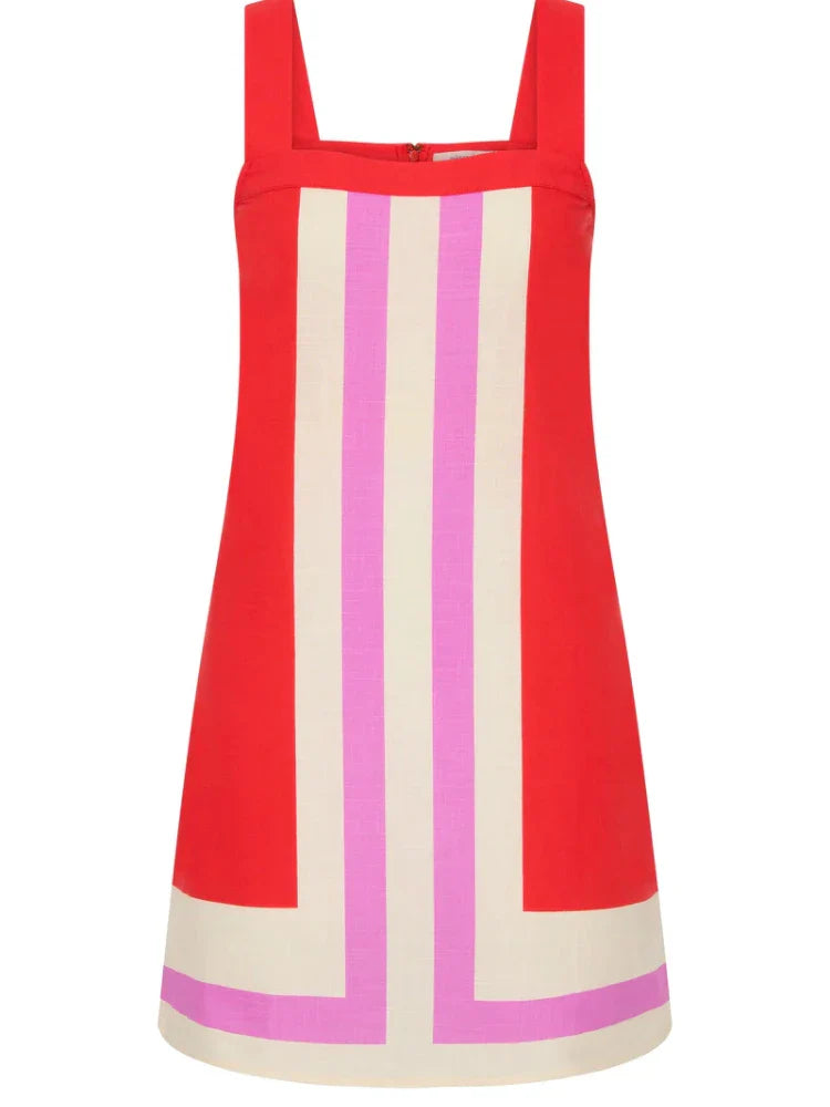 Elegant Color Blocked Sleeveless Suspender Dress with Casual Mid Length Mini Skirt for Women