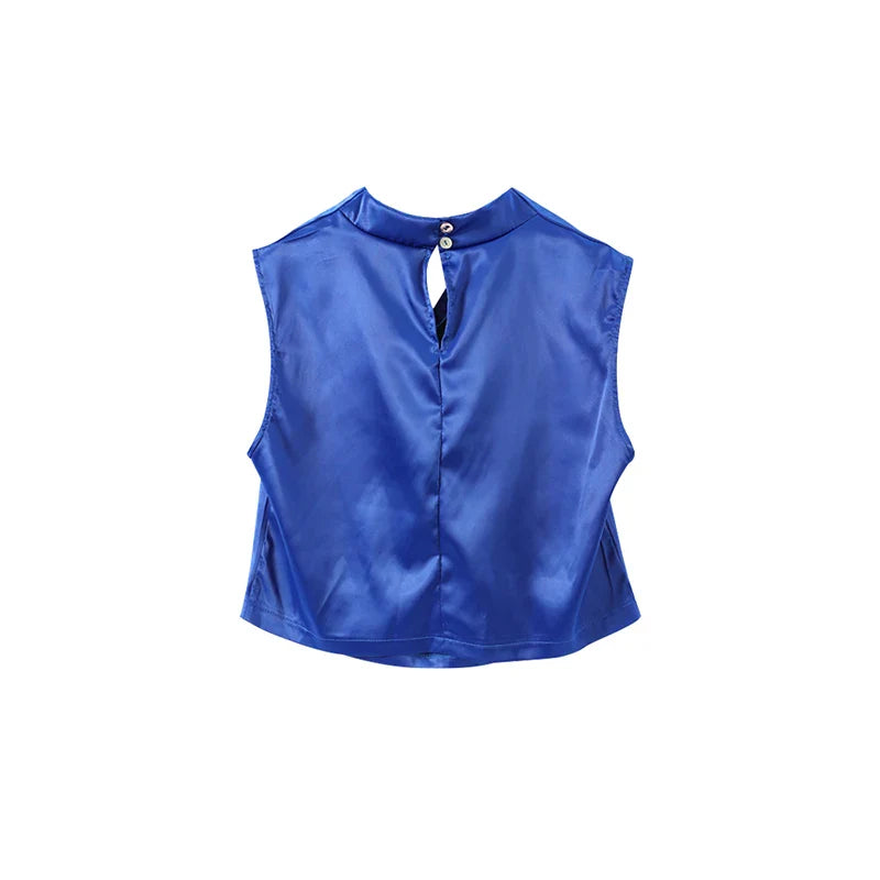 Elegant Satin Tank Top and High Collar Sleeveless Vest with Hip Hugging Mini Skirt Two Piece Summer Outfit for Women