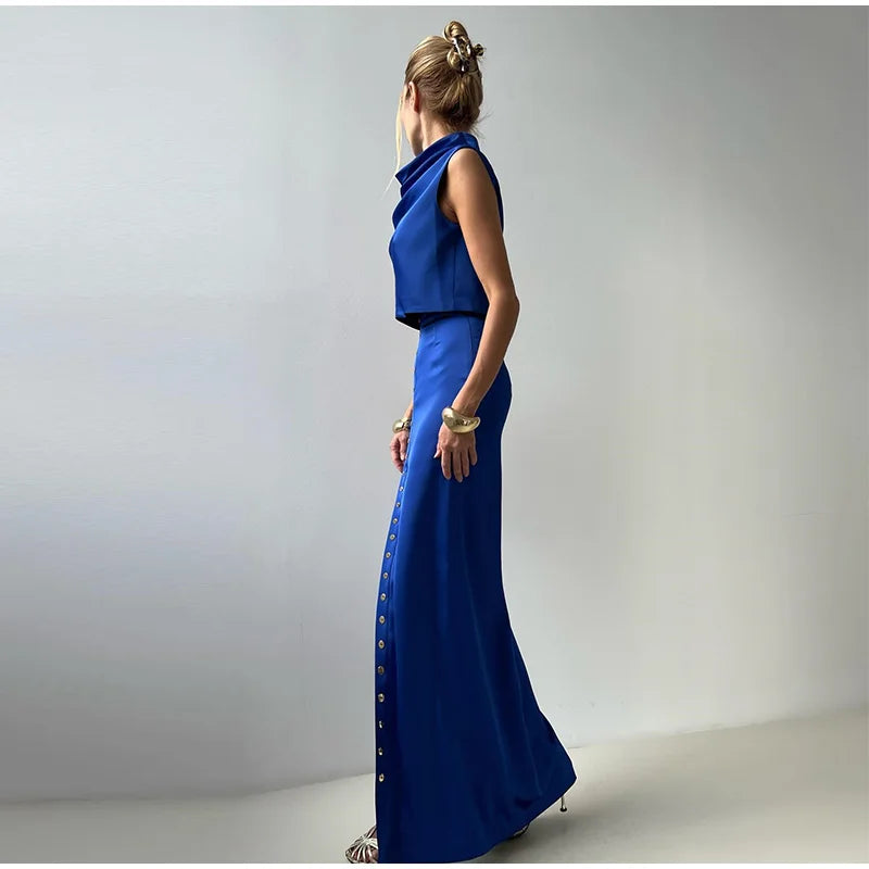 Elegant Satin Tank Top and High Collar Sleeveless Vest with Hip Hugging Mini Skirt Two Piece Summer Outfit for Women