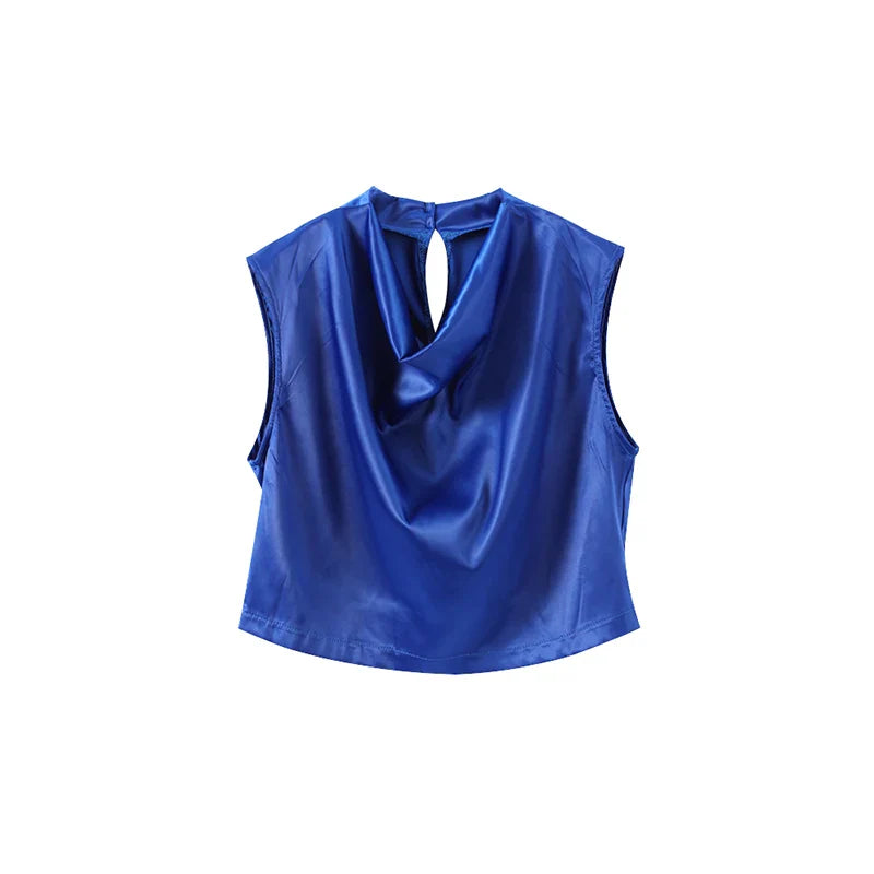 Elegant Satin Tank Top and High Collar Sleeveless Vest with Hip Hugging Mini Skirt Two Piece Summer Outfit for Women