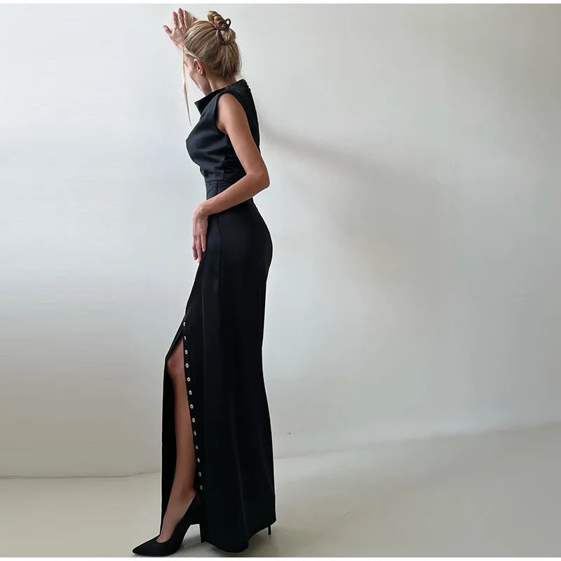 Elegant Satin Tank Top and High Collar Sleeveless Vest with Hip Hugging Mini Skirt Two Piece Summer Outfit for Women