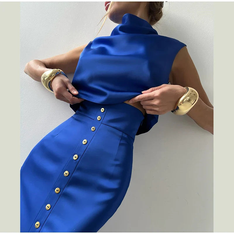 Elegant Satin Tank Top and High Collar Sleeveless Vest with Hip Hugging Mini Skirt Two Piece Summer Outfit for Women