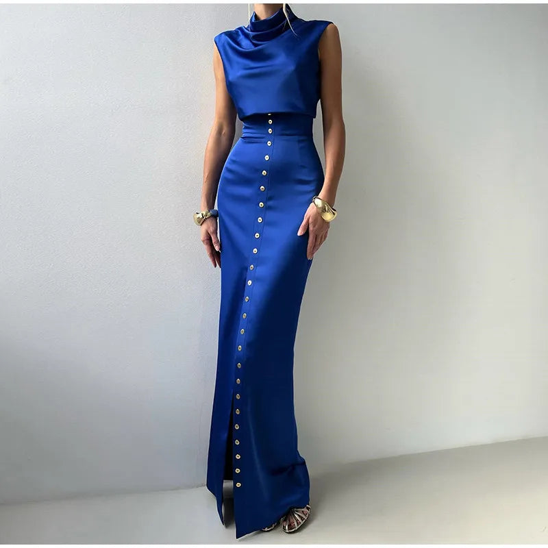 Elegant Satin Tank Top and High Collar Sleeveless Vest with Hip Hugging Mini Skirt Two Piece Summer Outfit for Women