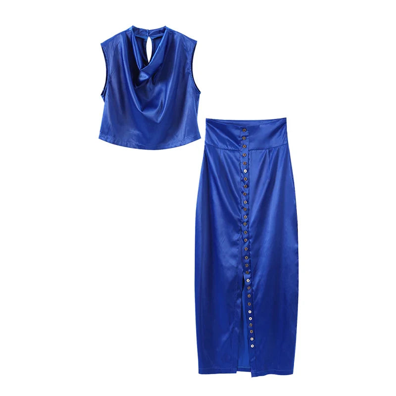 Elegant Satin Tank Top and High Collar Sleeveless Vest with Hip Hugging Mini Skirt Two Piece Summer Outfit for Women