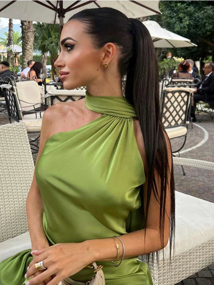 Elegant Satin Ribbon Party Dress for Women with Halter Neck and Backless Design, Sleeveless Solid Gown for Summer Events