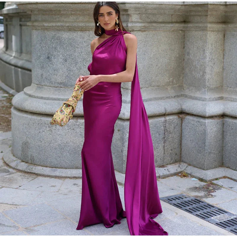 Elegant Satin Ribbon Party Dress for Women with Halter Neck and Backless Design, Sleeveless Solid Gown for Summer Events
