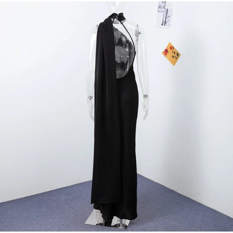 Elegant Satin Ribbon Party Dress for Women with Halter Neck and Backless Design, Sleeveless Solid Gown for Summer Events