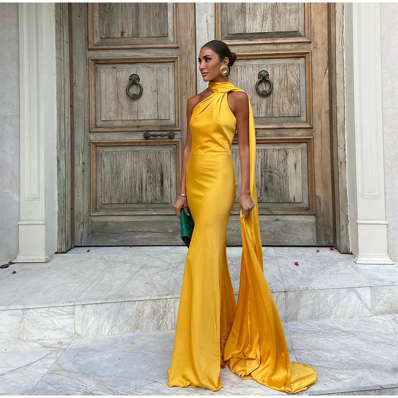 Elegant Satin Ribbon Party Dress for Women with Halter Neck and Backless Design, Sleeveless Solid Gown for Summer Events