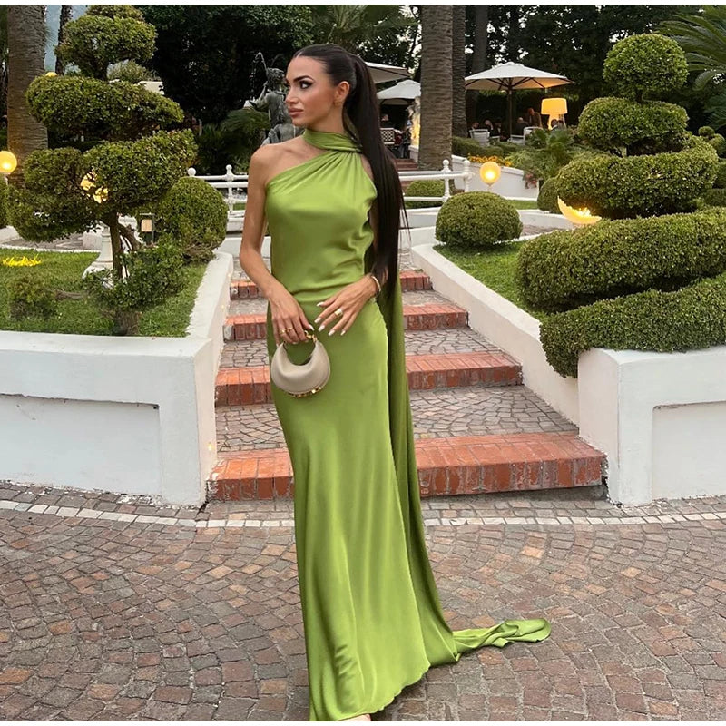 Elegant Satin Ribbon Party Dress for Women with Halter Neck and Backless Design, Sleeveless Solid Gown for Summer Events