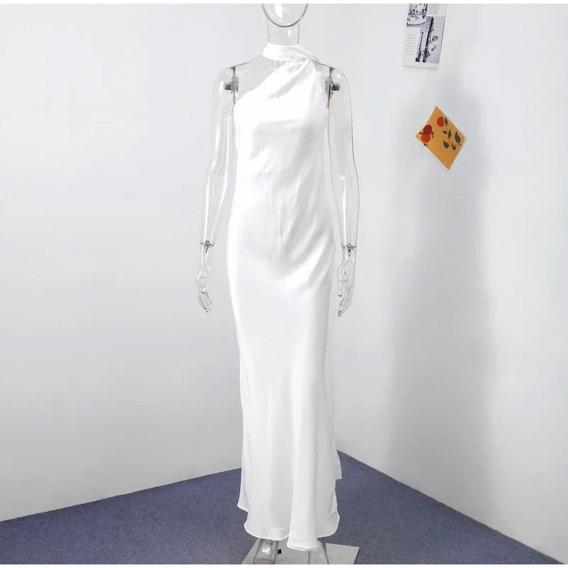 Elegant Satin Ribbon Party Dress for Women with Halter Neck and Backless Design, Sleeveless Solid Gown for Summer Events