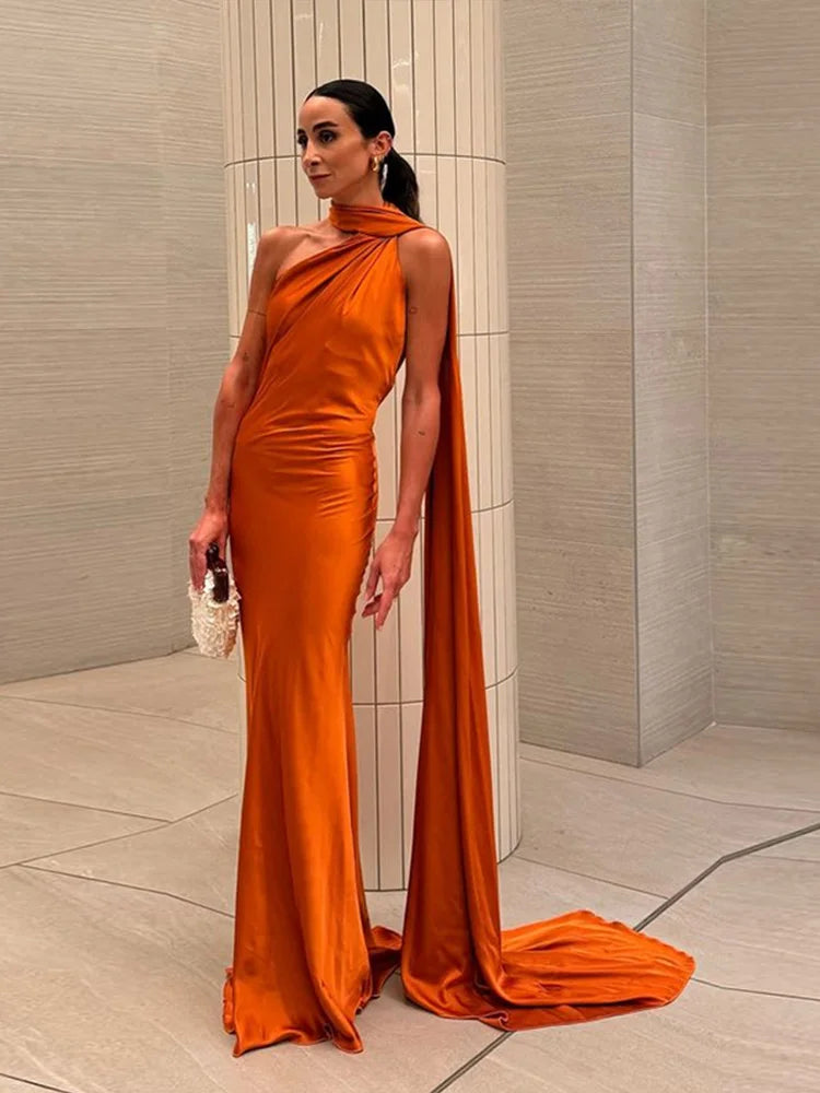 Elegant Satin Ribbon Party Dress for Women with Halter Neck and Backless Design, Sleeveless Solid Gown for Summer Events