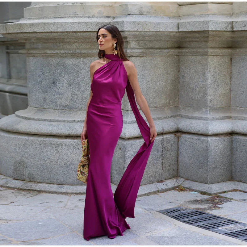 Elegant Satin Ribbon Party Dress for Women with Halter Neck and Backless Design, Sleeveless Solid Gown for Summer Events