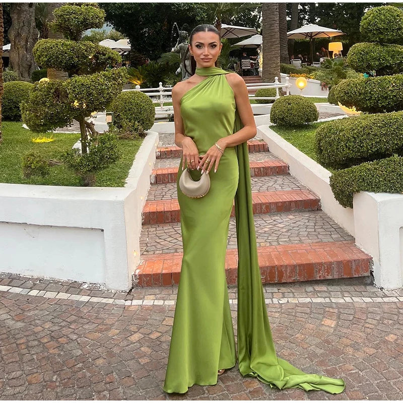 Elegant Satin Ribbon Party Dress for Women with Halter Neck and Backless Design, Sleeveless Solid Gown for Summer Events