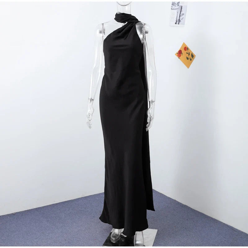 Elegant Satin Ribbon Party Dress for Women with Halter Neck and Backless Design, Sleeveless Solid Gown for Summer Events