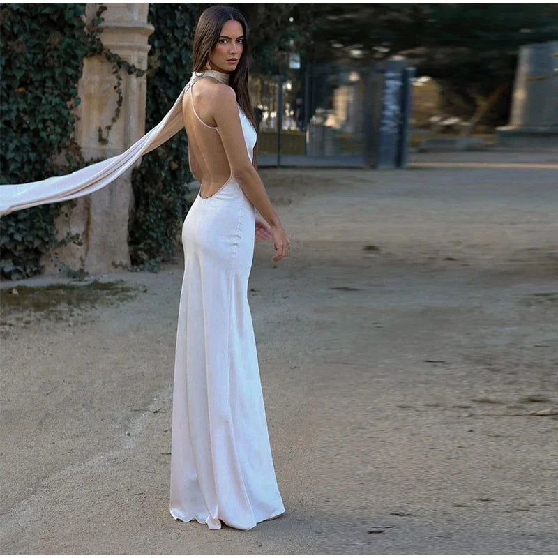 Elegant Satin Ribbon Party Dress for Women with Halter Neck and Backless Design, Sleeveless Solid Gown for Summer Events