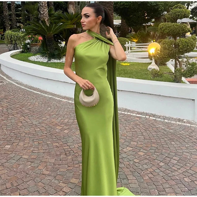 Elegant Satin Ribbon Party Dress for Women with Halter Neck and Backless Design, Sleeveless Solid Gown for Summer Events