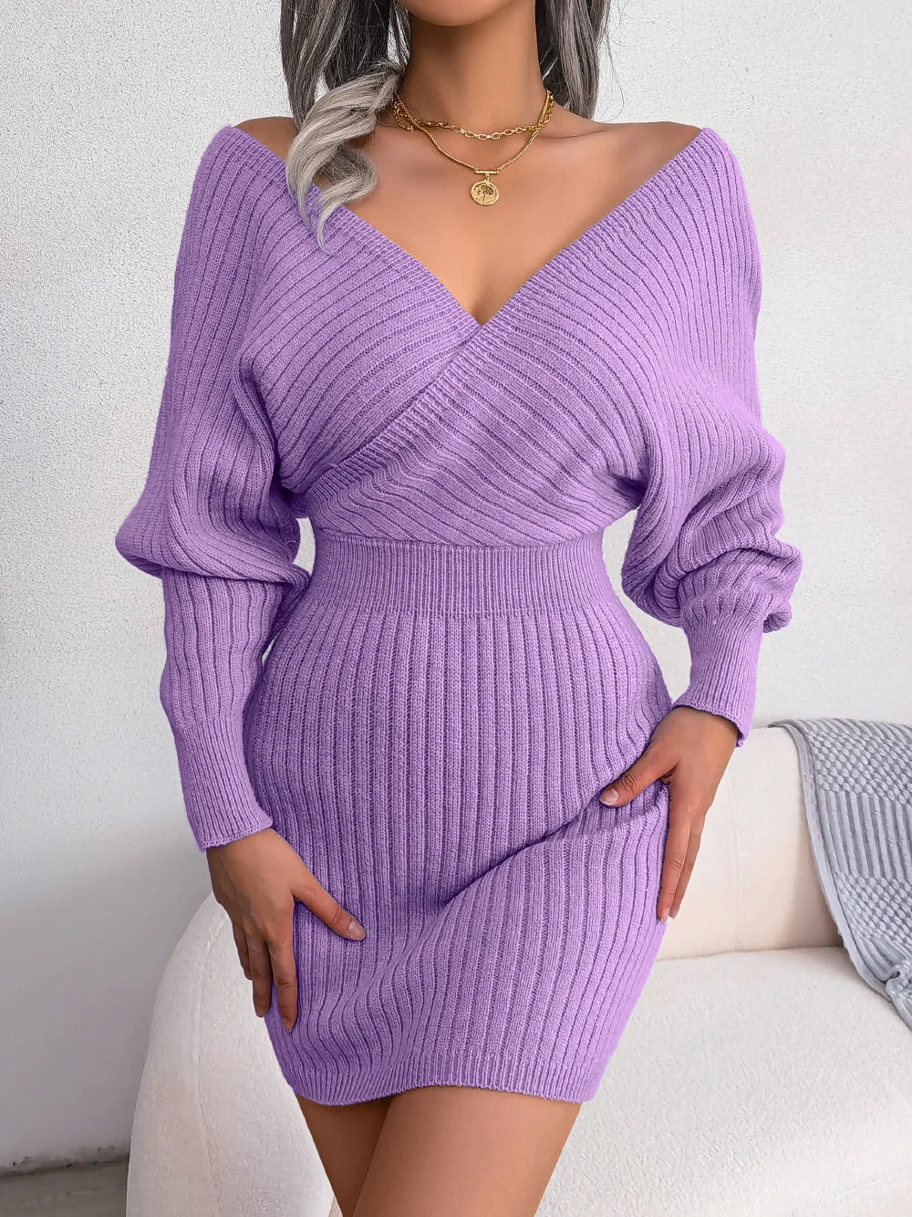 Bodycon Sweater Dresses for Women Long Sleeve Knitted Casual Fall and Winter Dress in White Green Blue Black Purple