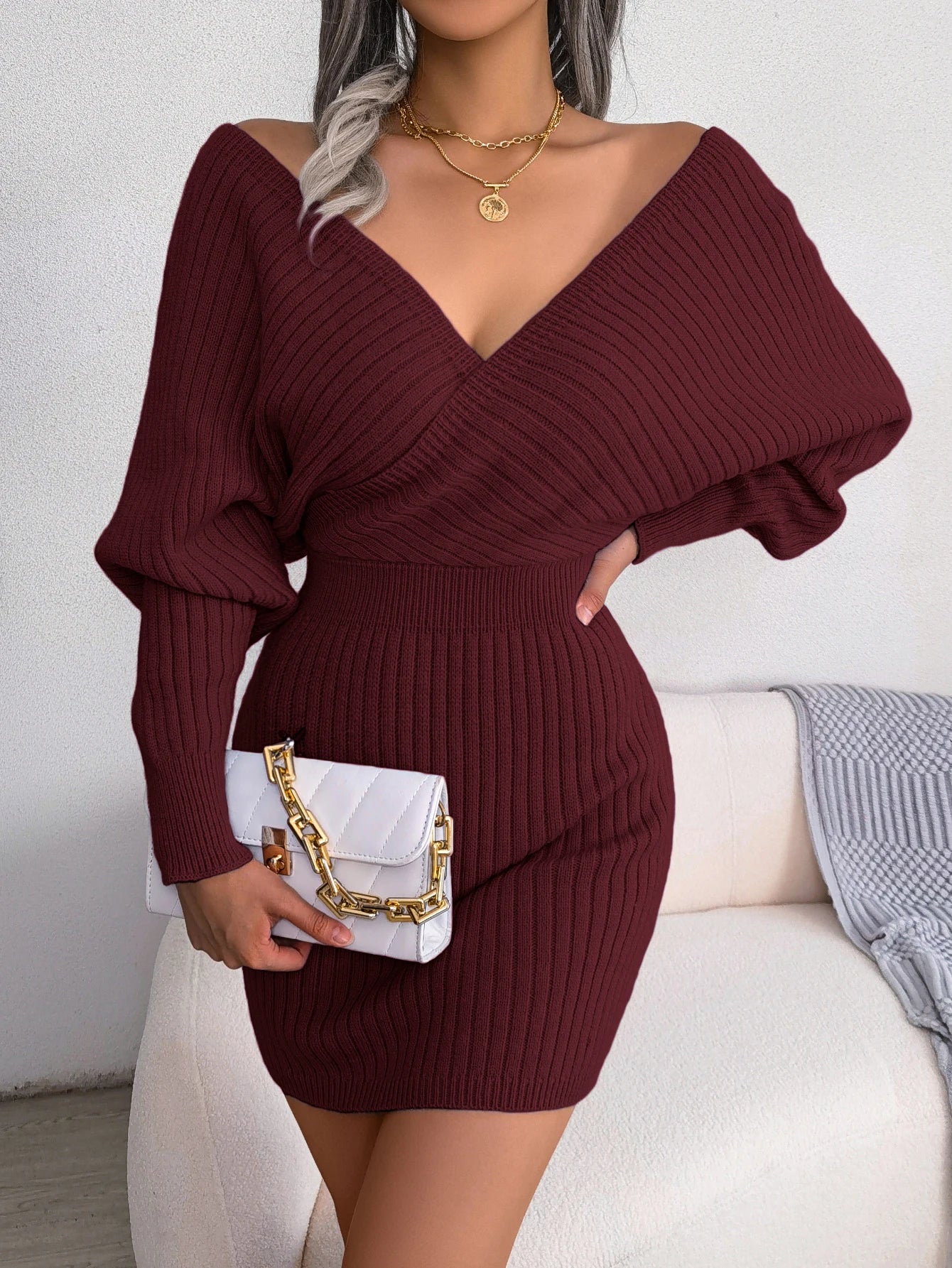 Bodycon Sweater Dresses for Women Long Sleeve Knitted Casual Fall and Winter Dress in White Green Blue Black Purple