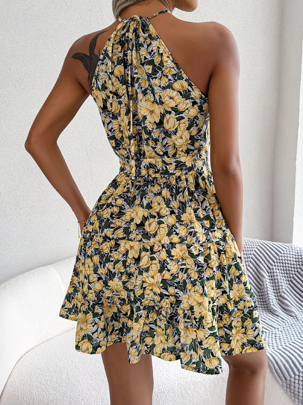 Women's Summer Casual Floral Print Ruffle Halter Dress with Elegant Design and Comfortable Fit