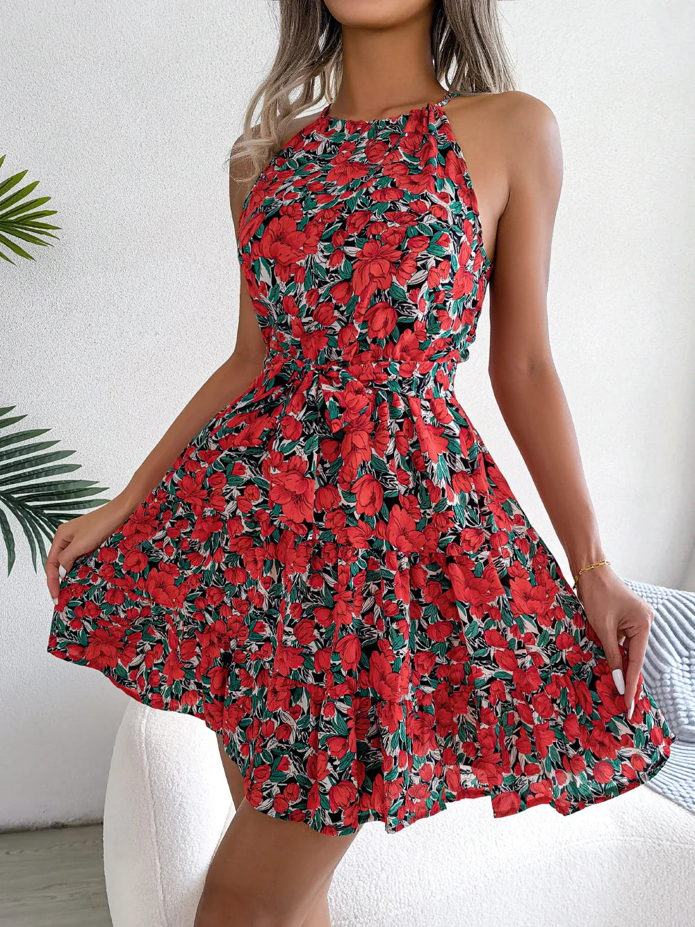 Women's Summer Casual Floral Print Ruffle Halter Dress with Elegant Design and Comfortable Fit