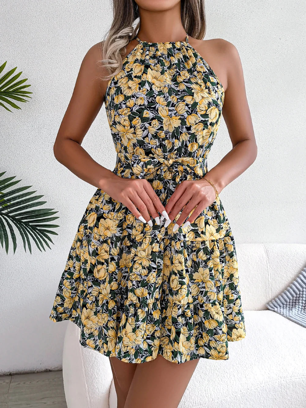 Women's Summer Casual Floral Print Ruffle Halter Dress with Elegant Design and Comfortable Fit