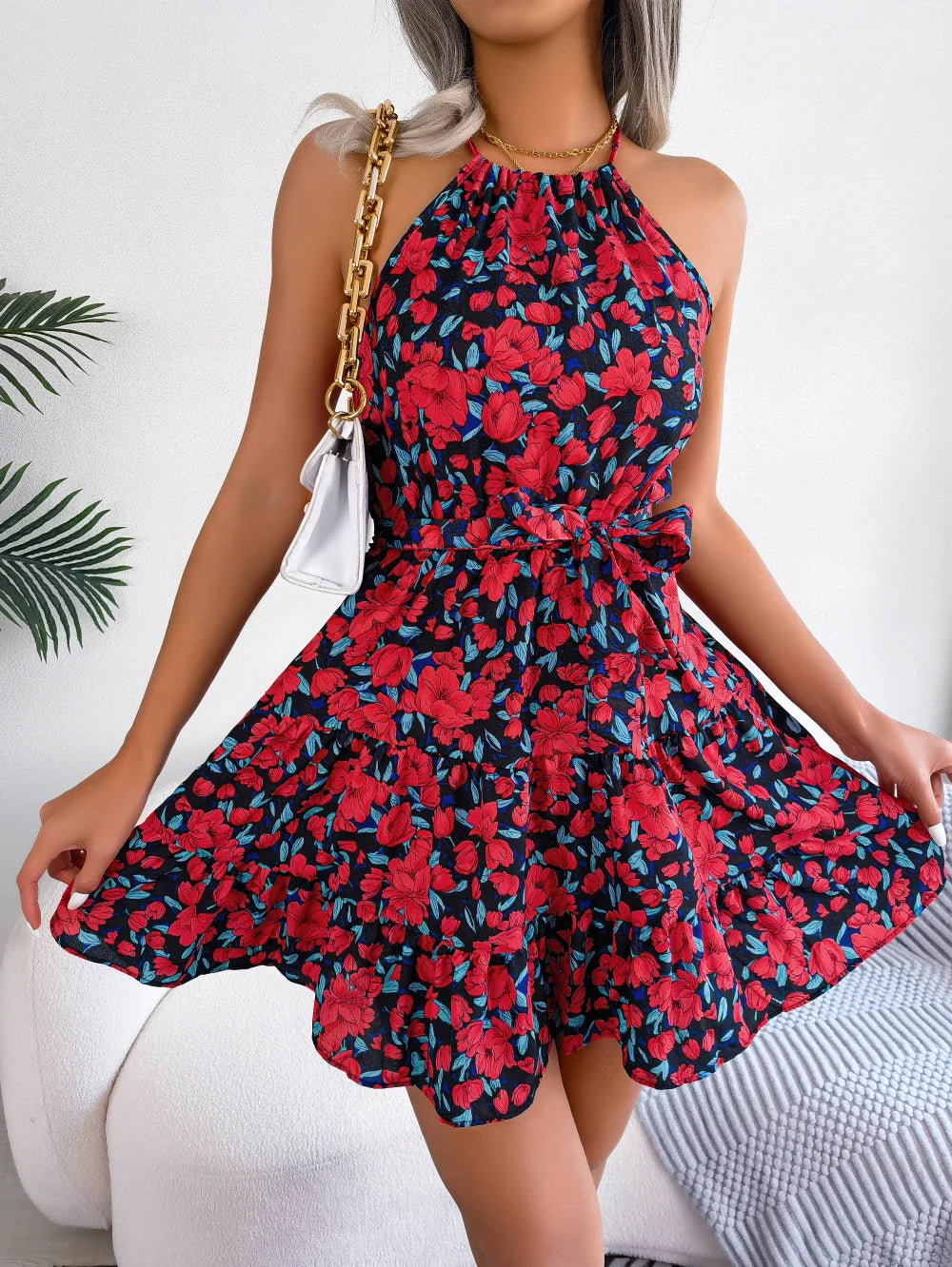 Women's Summer Casual Floral Print Ruffle Halter Dress with Elegant Design and Comfortable Fit