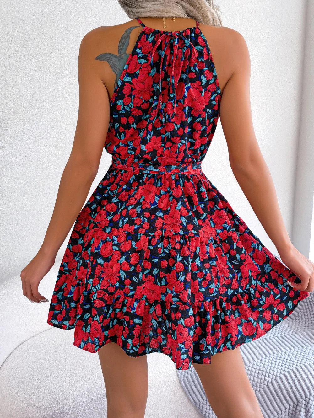 Women's Summer Casual Floral Print Ruffle Halter Dress with Elegant Design and Comfortable Fit