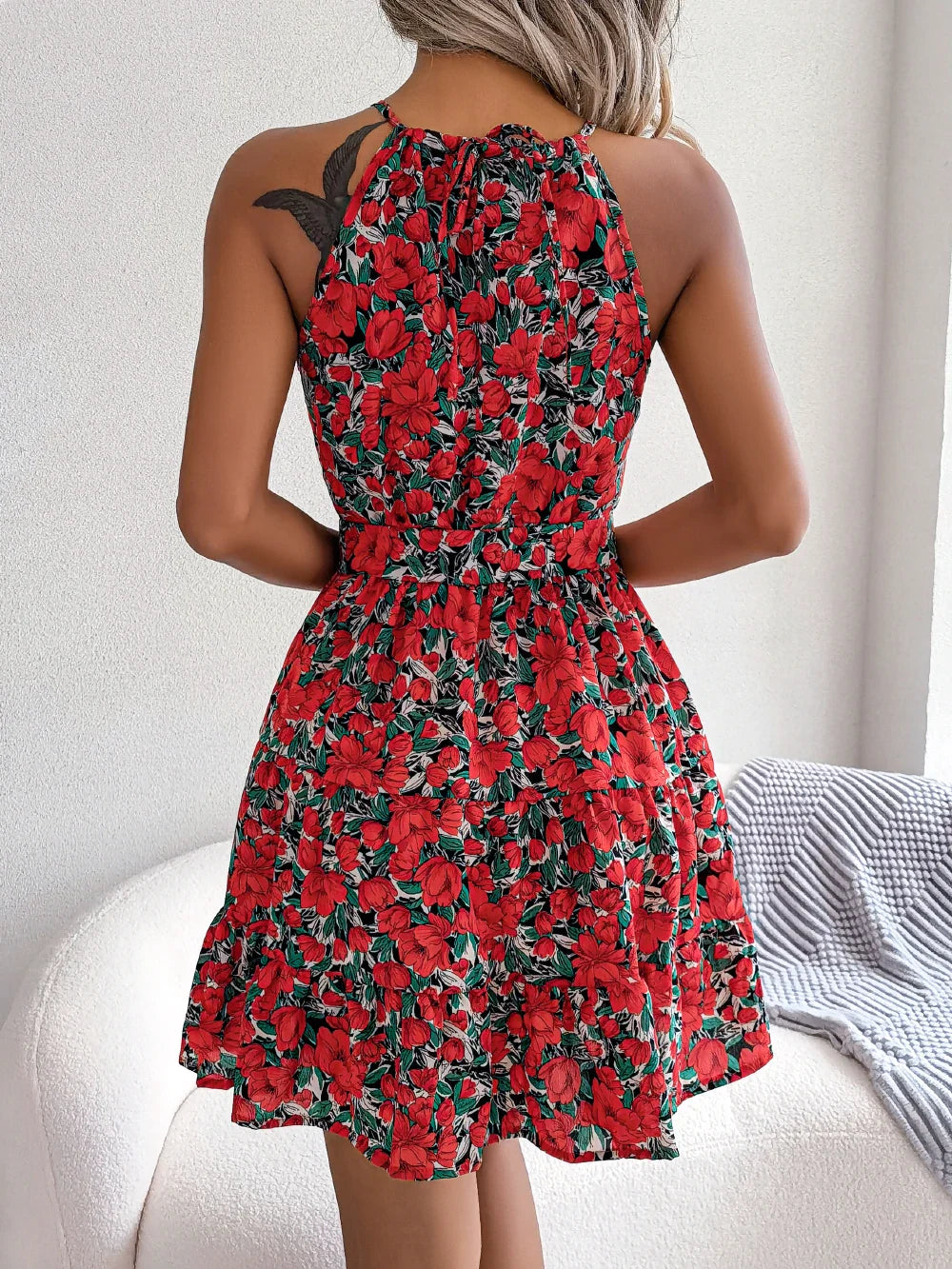Women's Summer Casual Floral Print Ruffle Halter Dress with Elegant Design and Comfortable Fit