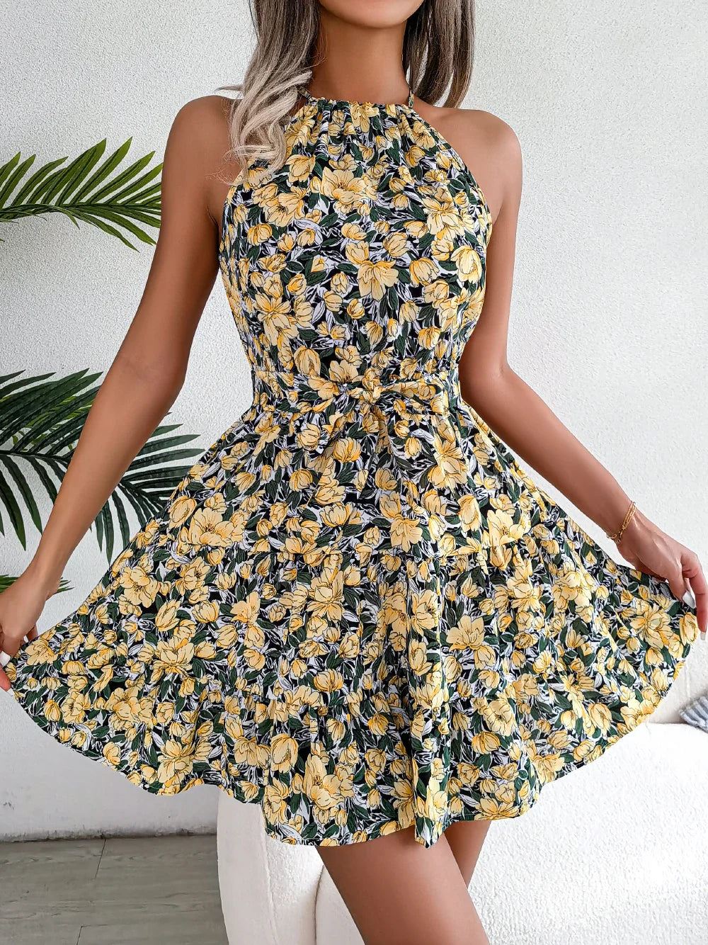 Women's Summer Casual Floral Print Ruffle Halter Dress with Elegant Design and Comfortable Fit