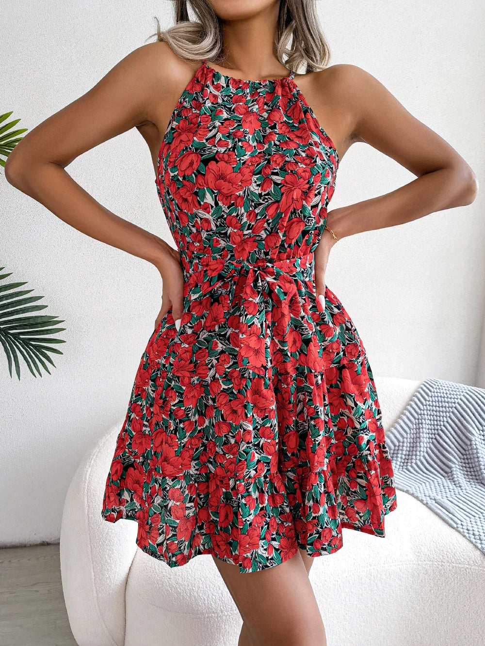 Women's Summer Casual Floral Print Ruffle Halter Dress with Elegant Design and Comfortable Fit