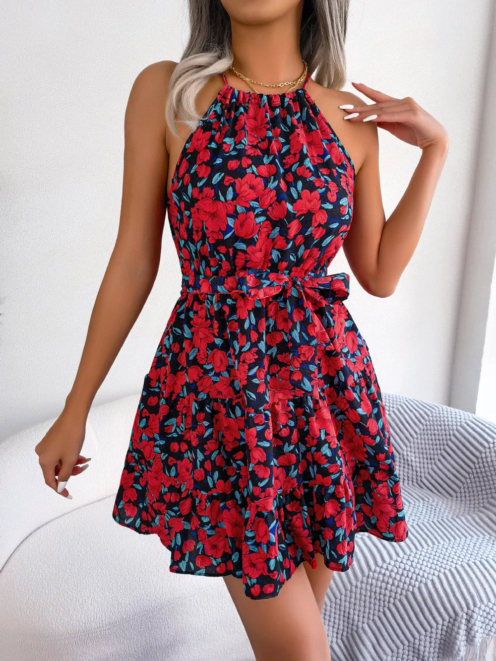 Women's Summer Casual Floral Print Ruffle Halter Dress with Elegant Design and Comfortable Fit