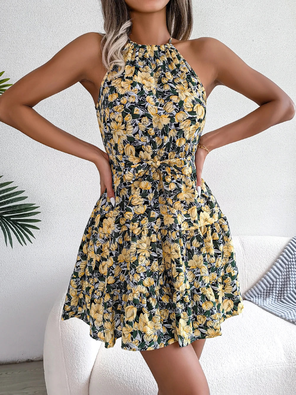 Women's Summer Casual Floral Print Ruffle Halter Dress with Elegant Design and Comfortable Fit