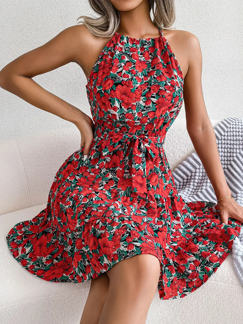 Women's Summer Casual Floral Print Ruffle Halter Dress with Elegant Design and Comfortable Fit