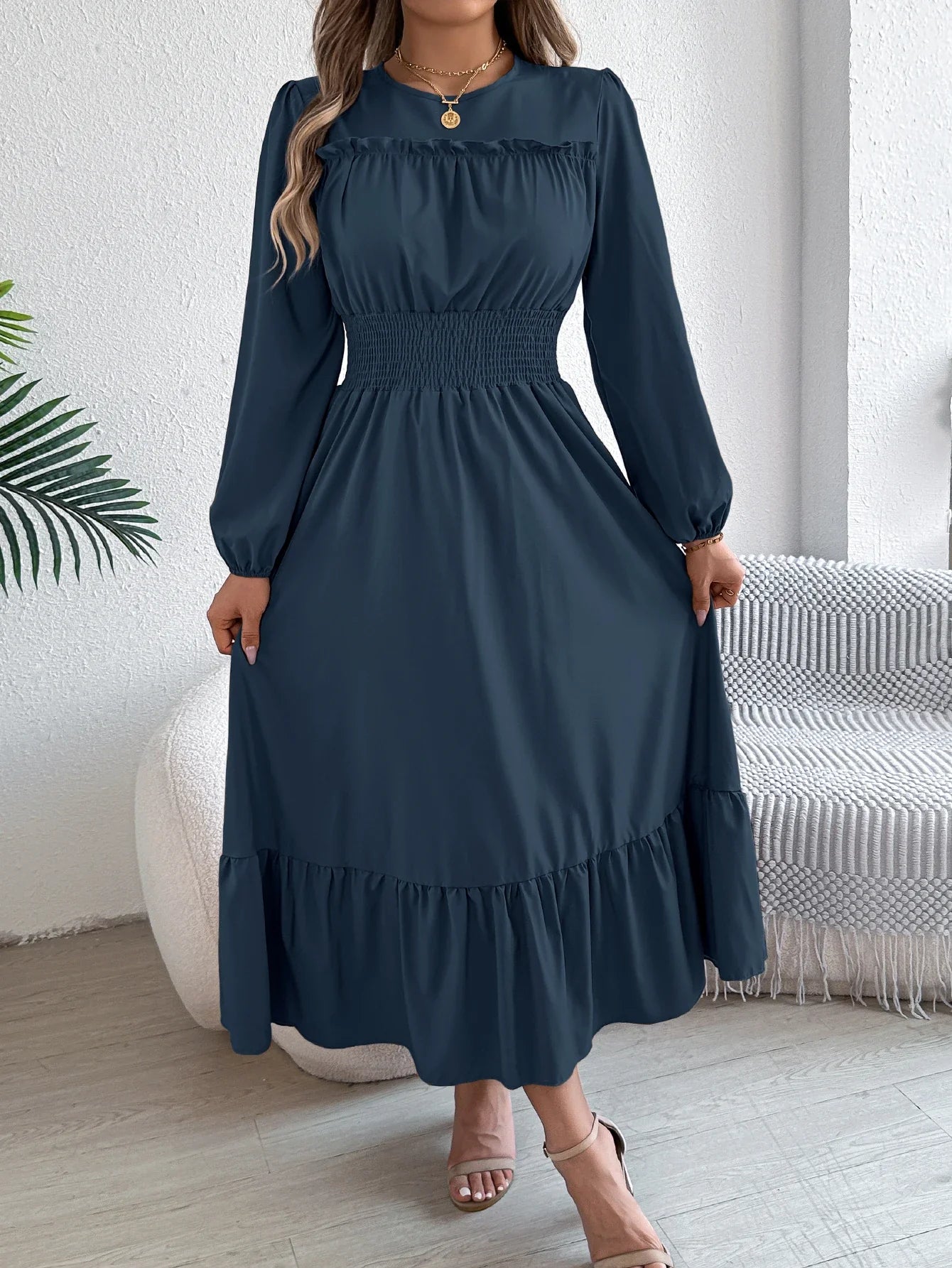 Elegant Autumn and Winter Long Sleeve Dress with Solid Color Round Neck and Waist Cinched Lotus Leaf Edge Design for Women